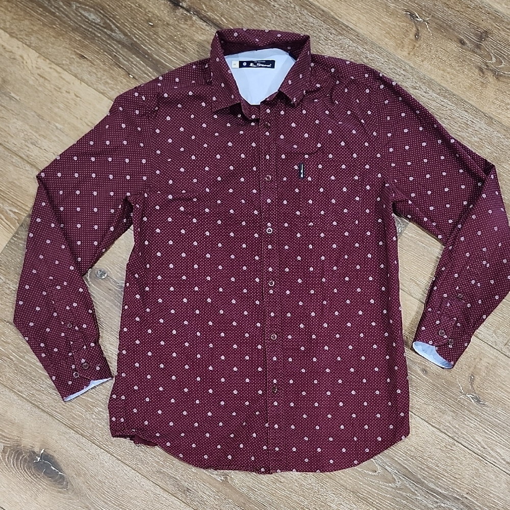 Ben Sherman Maroon Geometric Business Casual 100% Cotton Button Down Shirt Large